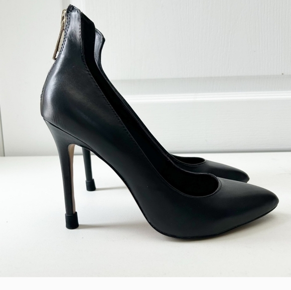 🍁 Aldo Black Leather Pumps Pointy Toe Stiletto High Heels Gold Zippers Size 7.5 - Picture 2 of 10